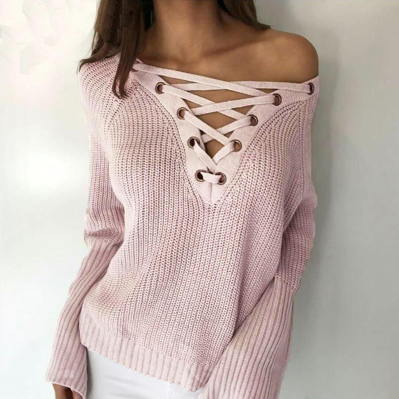 LACE UP KNITTED ONE SIZE SWEATER