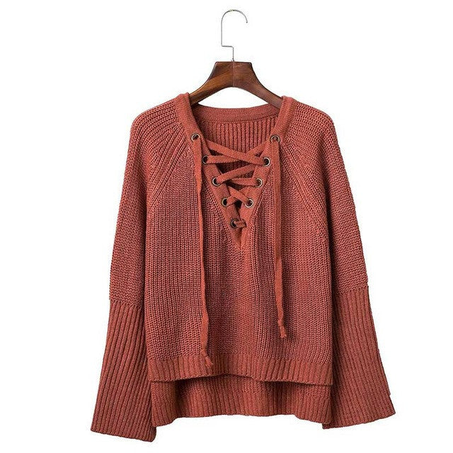 LACE UP KNITTED ONE SIZE SWEATER