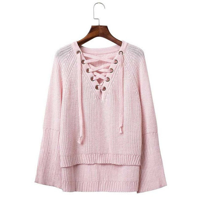 LACE UP KNITTED ONE SIZE SWEATER