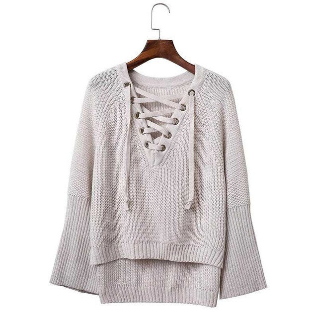 LACE UP KNITTED ONE SIZE SWEATER