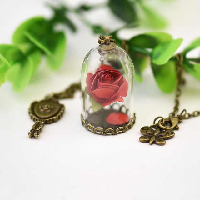 Enchanted Rose Necklace in Glass Dome Jewelry for Women - Available in Multiple Colors