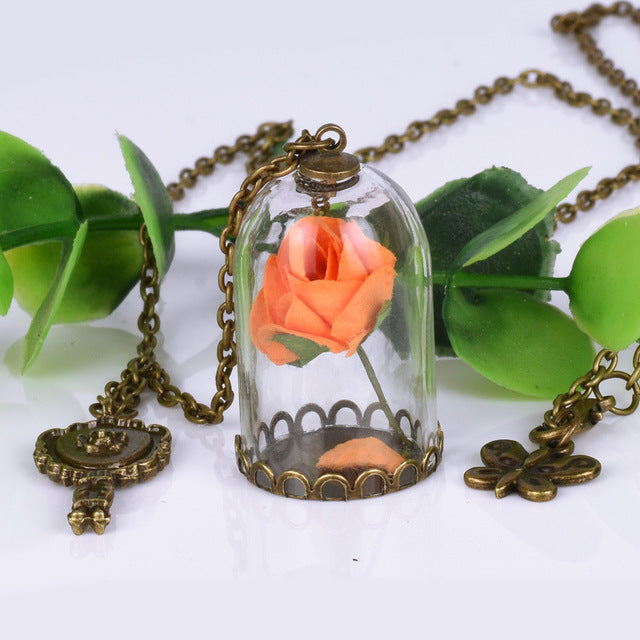 Enchanted Rose Necklace in Glass Dome Jewelry for Women - Available in Multiple Colors