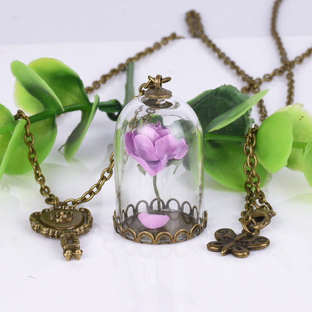 Enchanted Rose Necklace in Glass Dome Jewelry for Women - Available in Multiple Colors