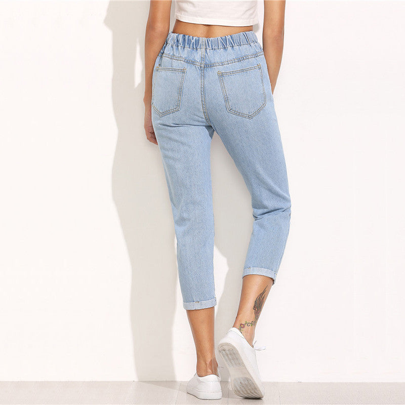 BLUE DRAWSTRING MID-CALF DISTRESSED JEANS