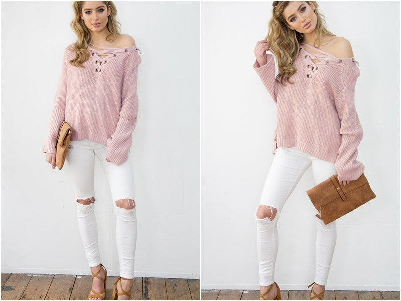 LACE UP KNITTED ONE SIZE SWEATER