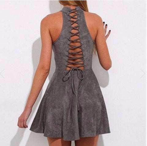 LACE-UP BACK SUEDE MINI DRESS