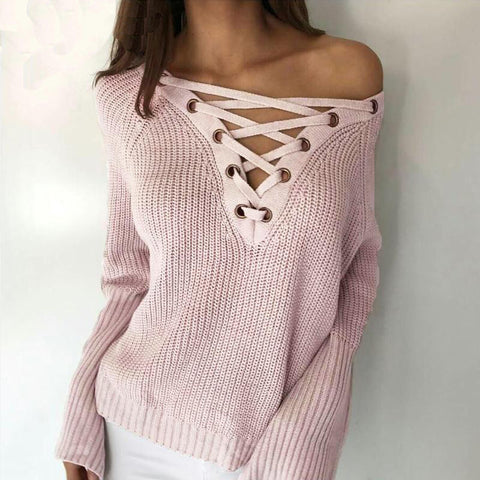 LACE UP KNITTED ONE SIZE SWEATER