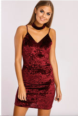 CHOKER V NECK SPAGHETTI STRAP VELVET DRESS