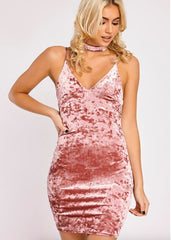 CHOKER V NECK SPAGHETTI STRAP VELVET DRESS