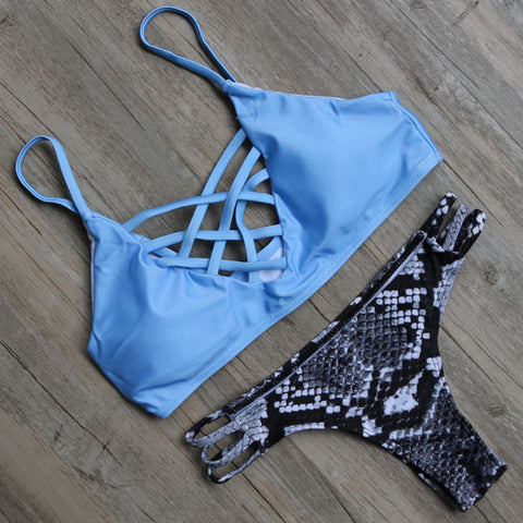 SKY BLUE TOP WITH A SNAKEY TWIST TWO PIECE BIKINI SET