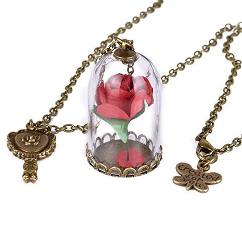 Enchanted Rose Necklace in Glass Dome Jewelry for Women - Available in Multiple Colors