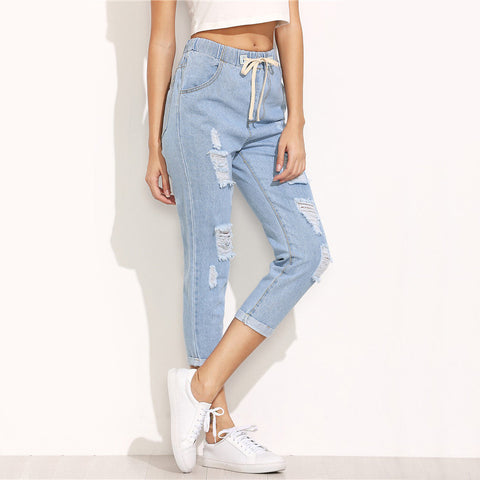 BLUE DRAWSTRING MID-CALF DISTRESSED JEANS
