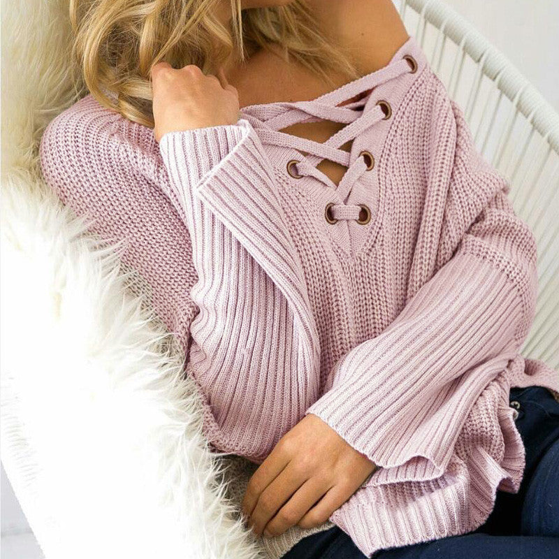 LACE UP KNITTED ONE SIZE SWEATER