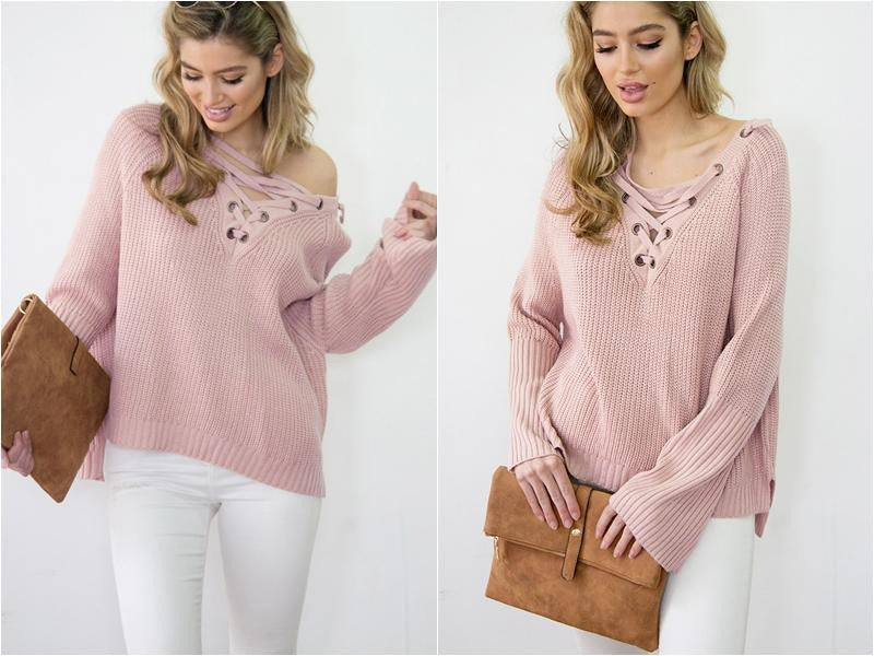 LACE UP KNITTED ONE SIZE SWEATER